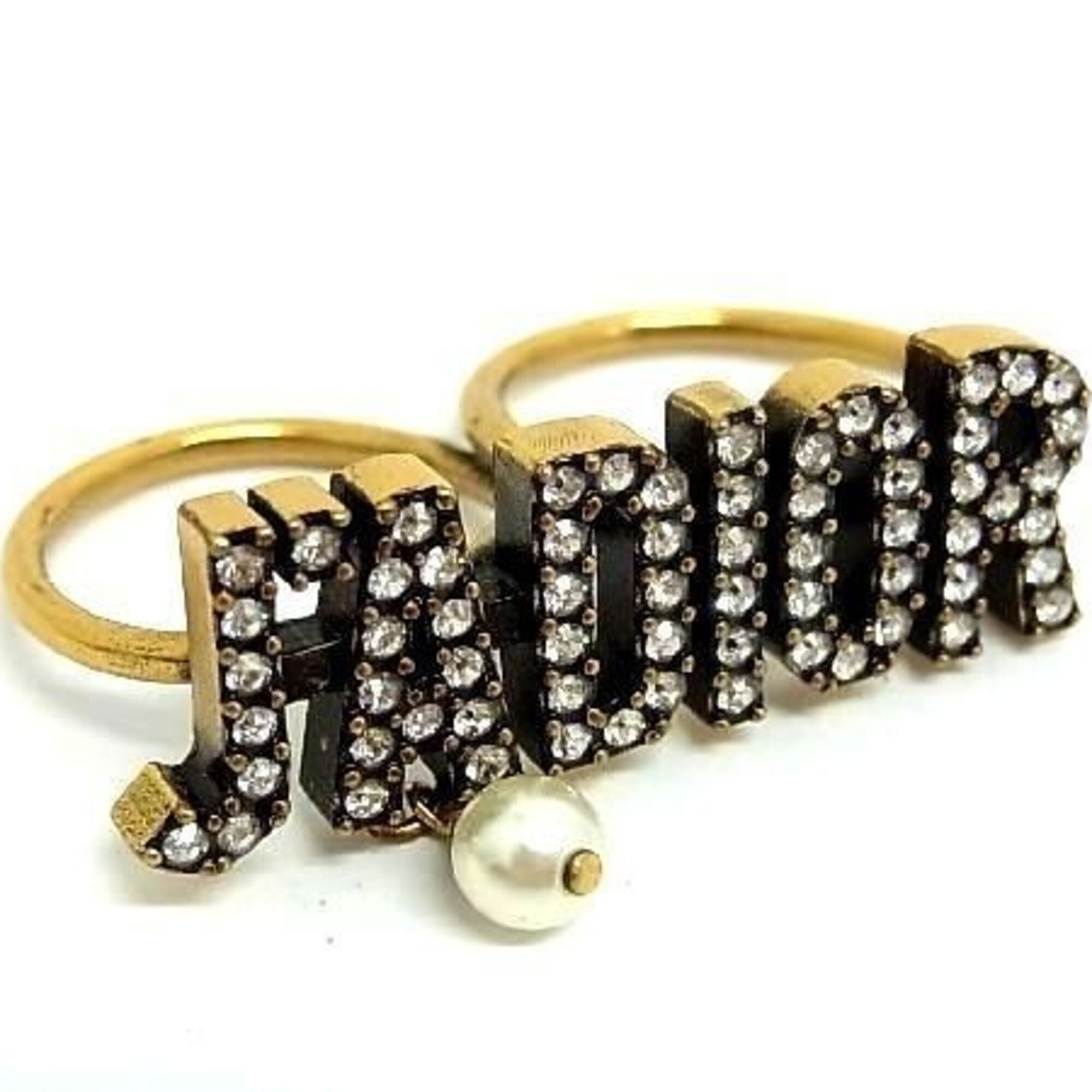 Christian Dior J'a Dior Double Finger Ring, Gold Metal, Rhinestone, Faux Pear...
